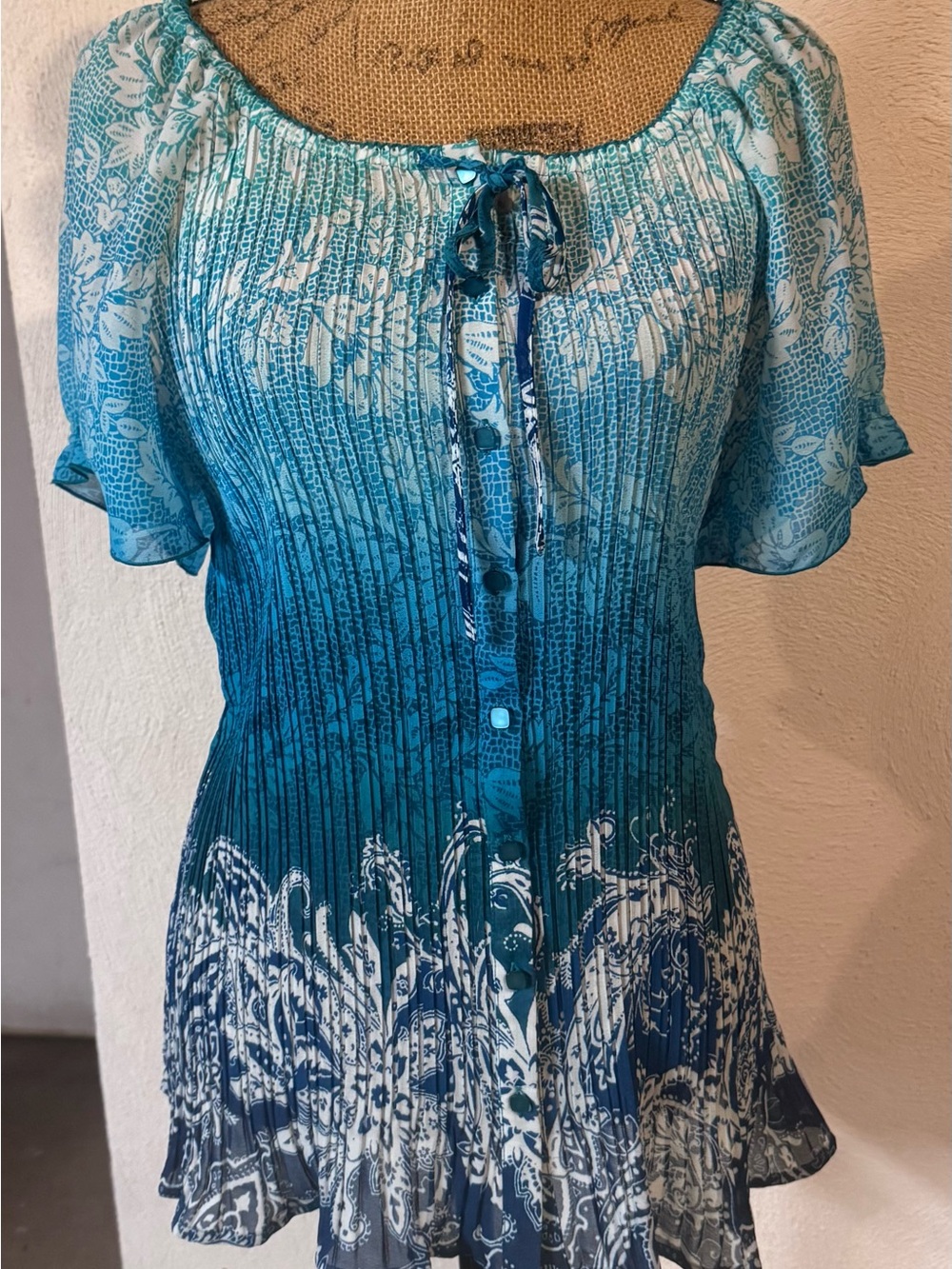 Dress Barn Teal and White Ombre Floral Peasant Blouse